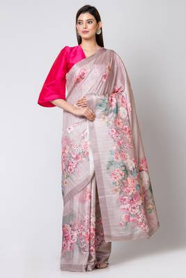 Indiloom Silver Grey Digital Print Semi Tussar Saree With Blouse Piece 4