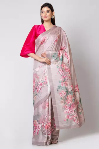 Indiloom Silver Grey Digital Print Semi Tussar Saree With Blouse Piece