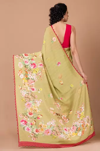 Indiloom Yellow Digital Print Woven Sequence Crepe Saree With Blouse Piece