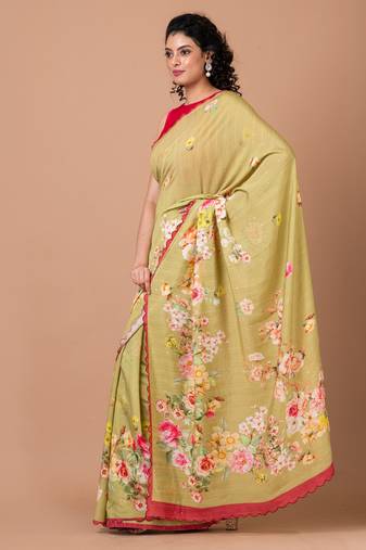 Indiloom Yellow Digital Print Woven Sequence Crepe Saree With Blouse Piece