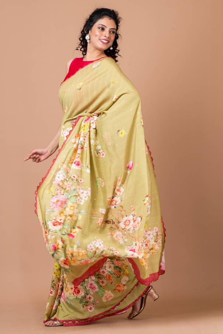 Indiloom Yellow Digital Print Woven Sequence Crepe Saree With Blouse Piece