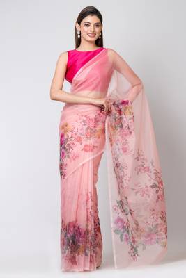 Indiloom Pink Digital Print Organza Saree With Blouse Print 1