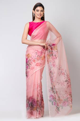 Indiloom Pink Digital Print Organza Saree With Blouse Print