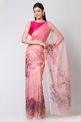 Indiloom Pink Digital Print Organza Saree With Blouse Print 2
