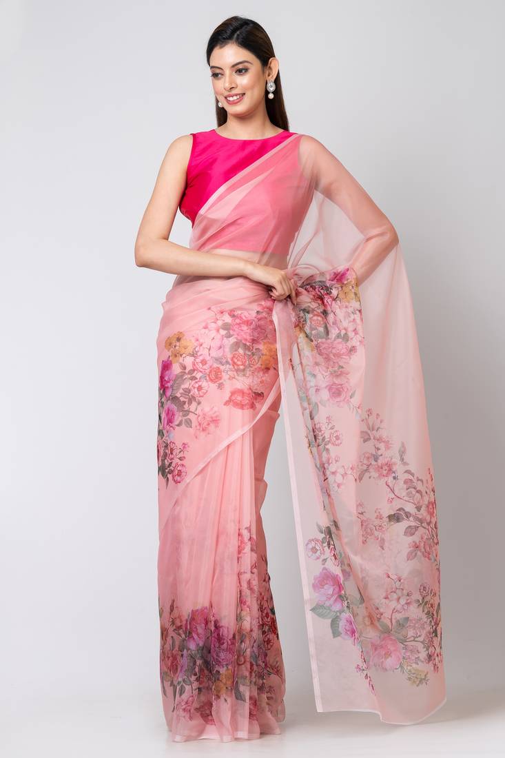 Indiloom Pink Digital Print Organza Saree With Blouse Print