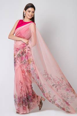 Indiloom Pink Digital Print Organza Saree With Blouse Print 3