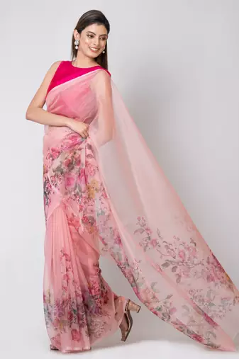 Indiloom Pink Digital Print Organza Saree With Blouse Print