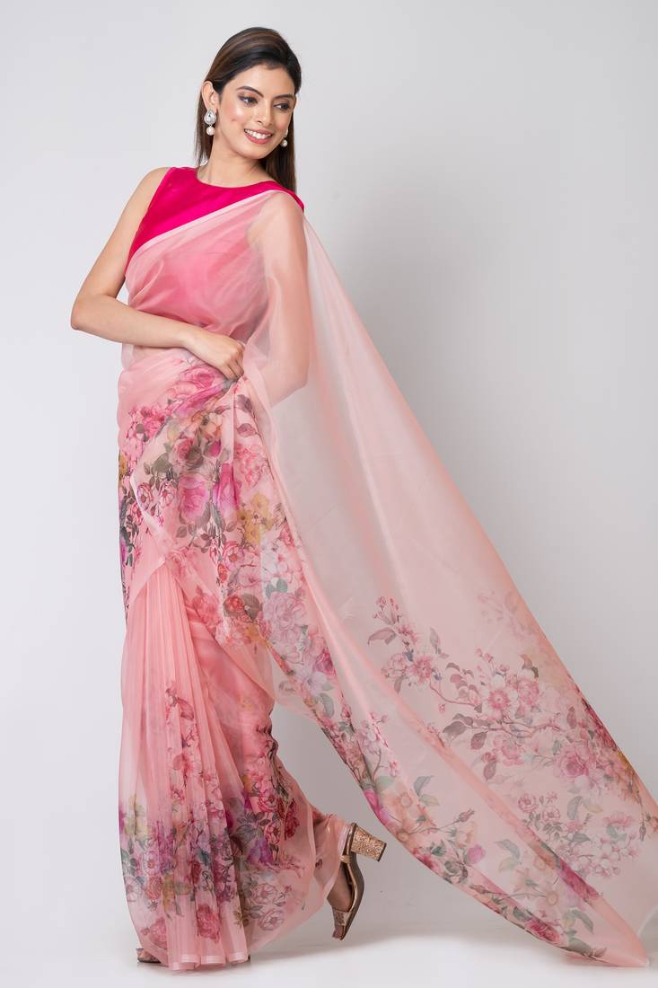 Indiloom Pink Digital Print Organza Saree With Blouse Print