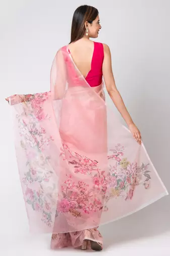 Indiloom Pink Digital Print Organza Saree With Blouse Print