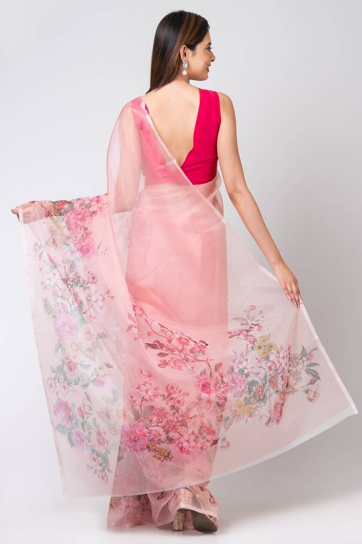 Indiloom Pink Digital Print Organza Saree With Blouse Print