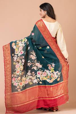 Indiloom Blue Digital Print Chanderi Zari Saree With Blouse Piece 2