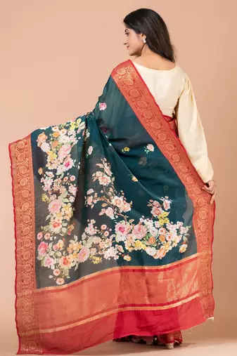 Indiloom Blue Digital Print Chanderi Zari Saree With Blouse Piece