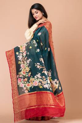 Indiloom Blue Digital Print Chanderi Zari Saree With Blouse Piece 3