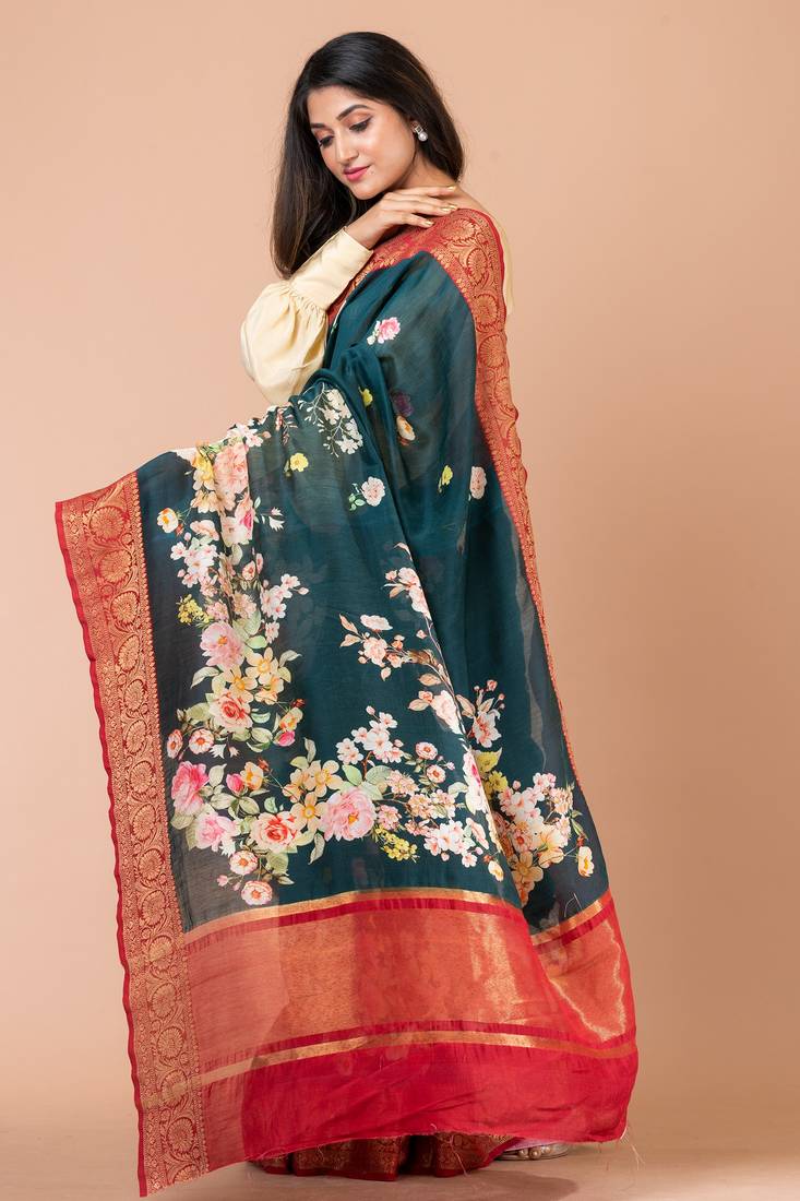 Indiloom Blue Digital Print Chanderi Zari Saree With Blouse Piece