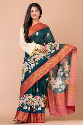 Indiloom Blue Digital Print Chanderi Zari Saree With Blouse Piece 1