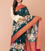Indiloom Blue Digital Print Chanderi Zari Saree With Blouse Piece
