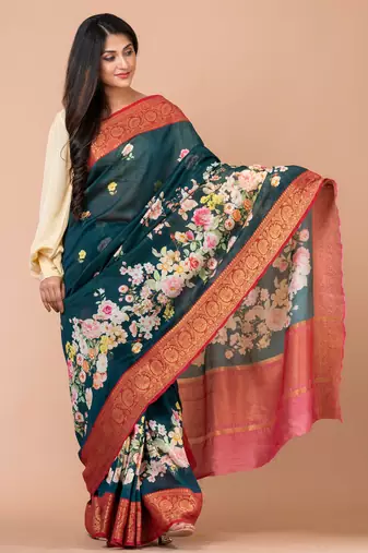 Indiloom Blue Digital Print Chanderi Zari Saree With Blouse Piece