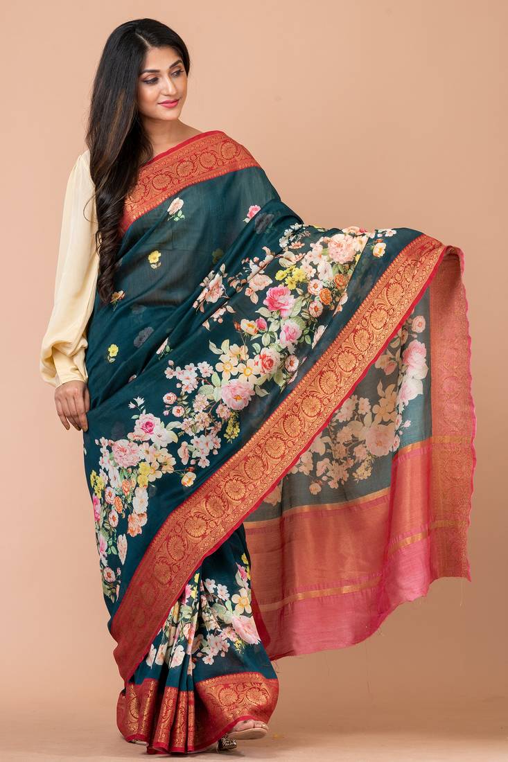 Indiloom Blue Digital Print Chanderi Zari Saree With Blouse Piece