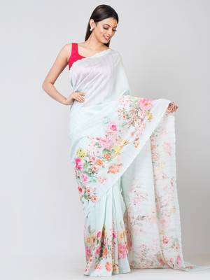 Indiloom Sea Green Digital Print Woven Sequence Crepe Saree With Blouse Piece 1