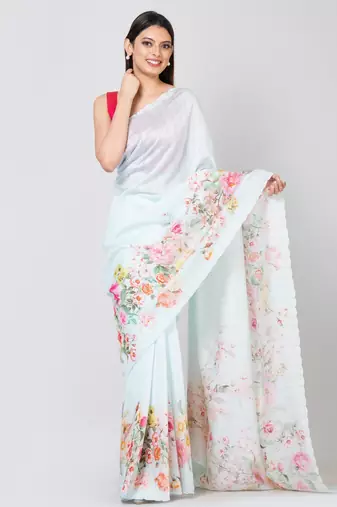 Indiloom Sea Green Digital Print Woven Sequence Crepe Saree With Blouse Piece