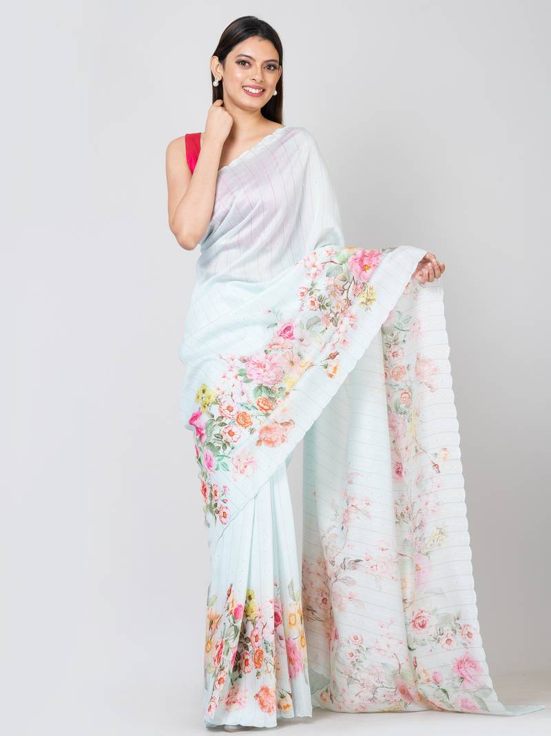 Indiloom Sea Green Digital Print Woven Sequence Crepe Saree With Blouse Piece