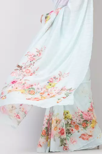 Indiloom Sea Green Digital Print Woven Sequence Crepe Saree With Blouse Piece