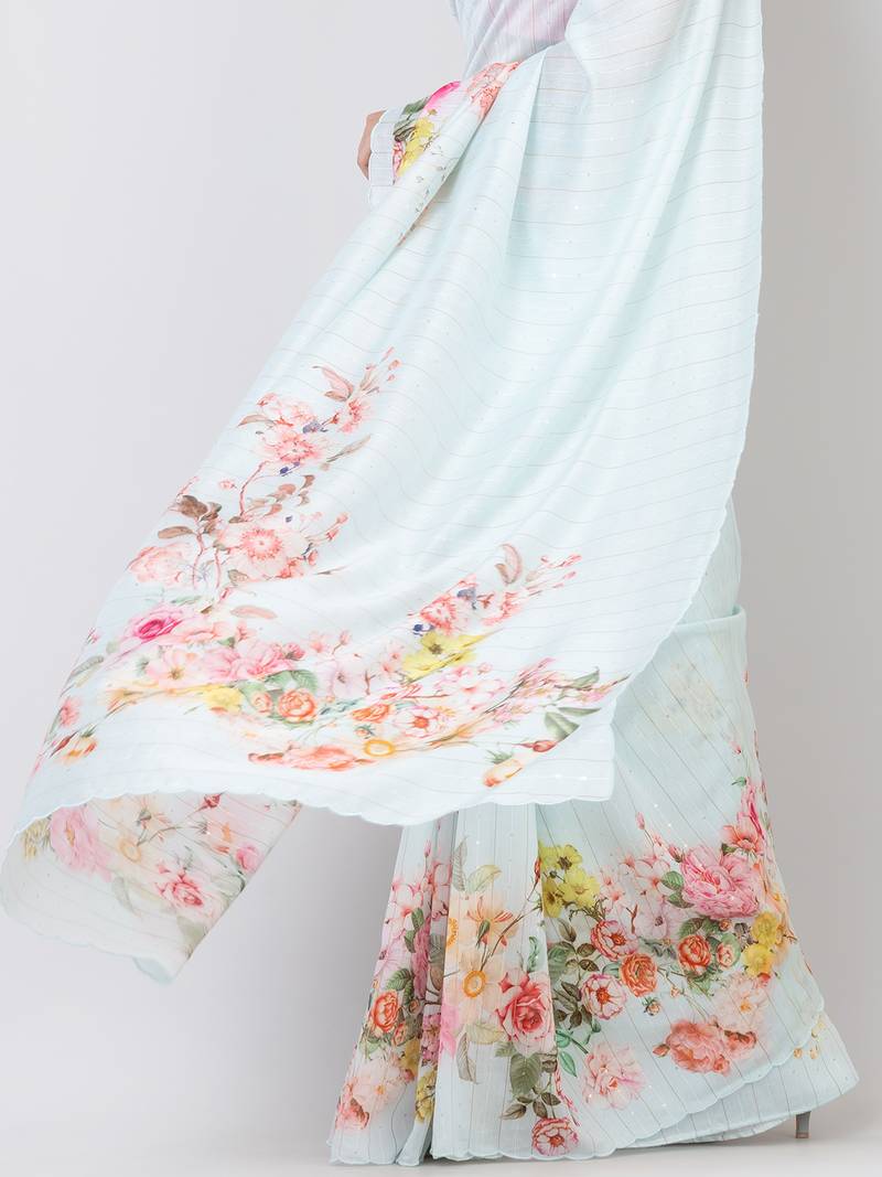 Indiloom Sea Green Digital Print Woven Sequence Crepe Saree With Blouse Piece