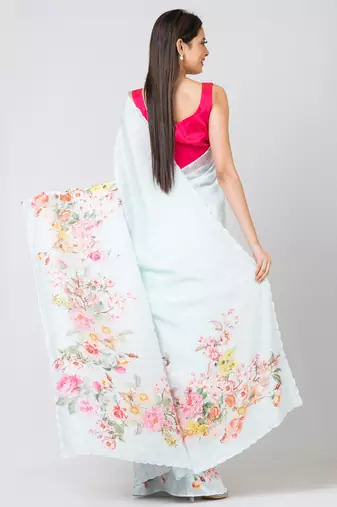 Indiloom Sea Green Digital Print Woven Sequence Crepe Saree With Blouse Piece