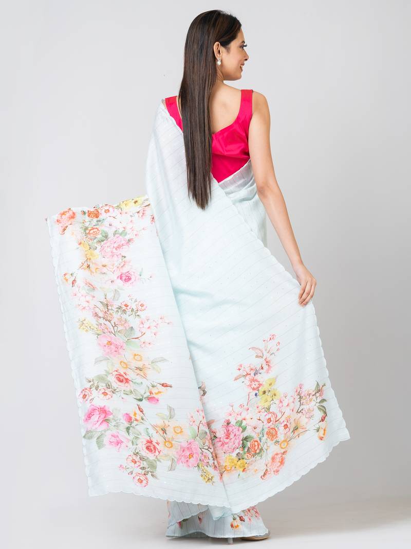 Indiloom Sea Green Digital Print Woven Sequence Crepe Saree With Blouse Piece