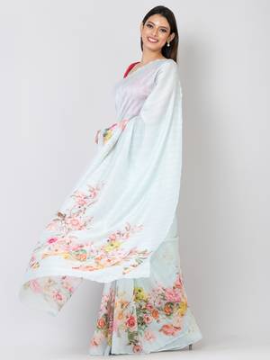 Indiloom Sea Green Digital Print Woven Sequence Crepe Saree With Blouse Piece 5