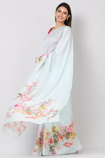 Indiloom Sea Green Digital Print Woven Sequence Crepe Saree With Blouse Piece