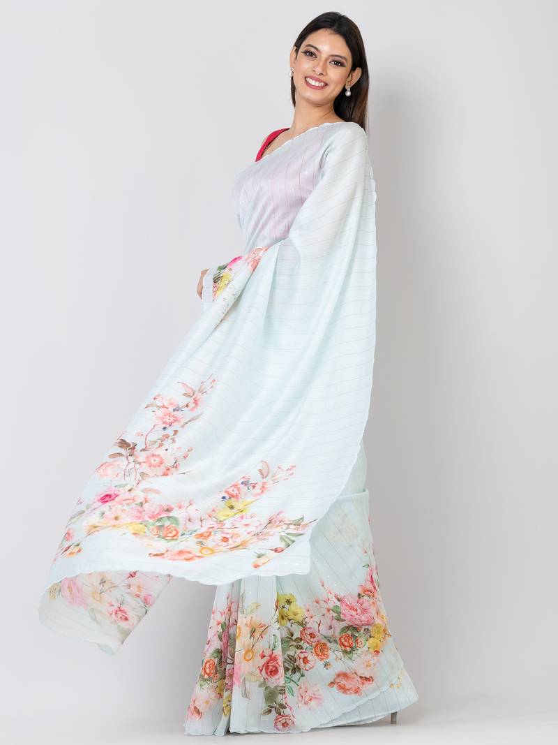 Indiloom Sea Green Digital Print Woven Sequence Crepe Saree With Blouse Piece