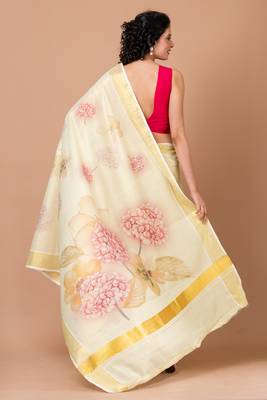 Indiloom Yellow Digital Print Kasavu Kerela Cotton Saree With Blouse Piece 2
