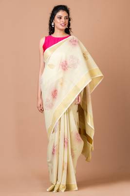 Indiloom Yellow Digital Print Kasavu Kerela Cotton Saree With Blouse Piece 3
