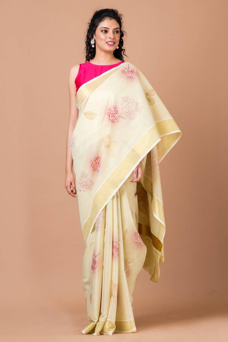 Indiloom Yellow Digital Print Kasavu Kerela Cotton Saree With Blouse Piece