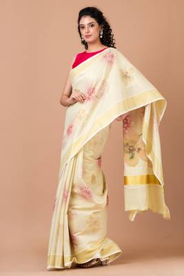 Indiloom Yellow Digital Print Kasavu Kerela Cotton Saree With Blouse Piece 1