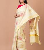 Indiloom Yellow Digital Print Kasavu Kerela Cotton Saree With Blouse Piece