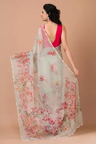Indiloom White beadwork scalloping Organza Saree With Blouse Piece