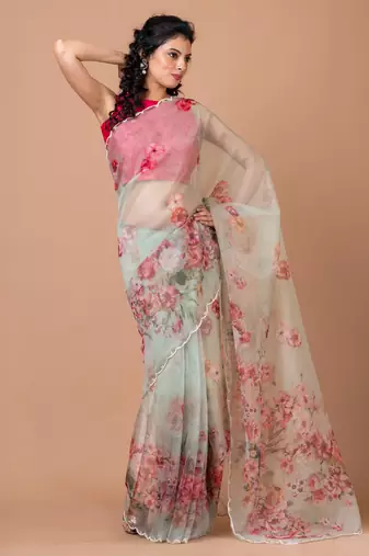 Indiloom White beadwork scalloping Organza Saree With Blouse Piece
