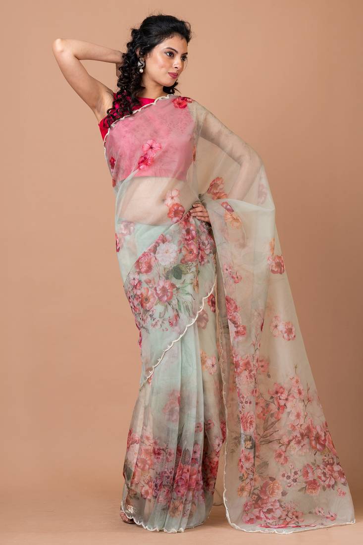 Indiloom White beadwork scalloping Organza Saree With Blouse Piece