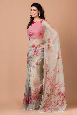 Indiloom White beadwork scalloping Organza Saree With Blouse Piece 1
