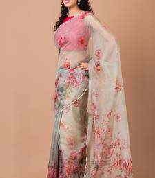 Indiloom White beadwork scalloping Organza Saree With Blouse Piece