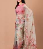 Indiloom White beadwork scalloping Organza Saree With Blouse Piece