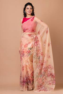 Indiloom Beige beadwork scalloping Organza Saree With Blouse Piece 1