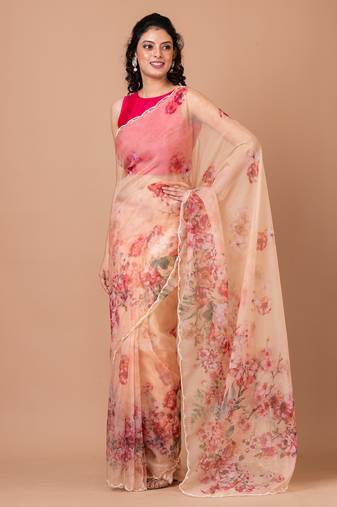 Indiloom Beige beadwork scalloping Organza Saree With Blouse Piece