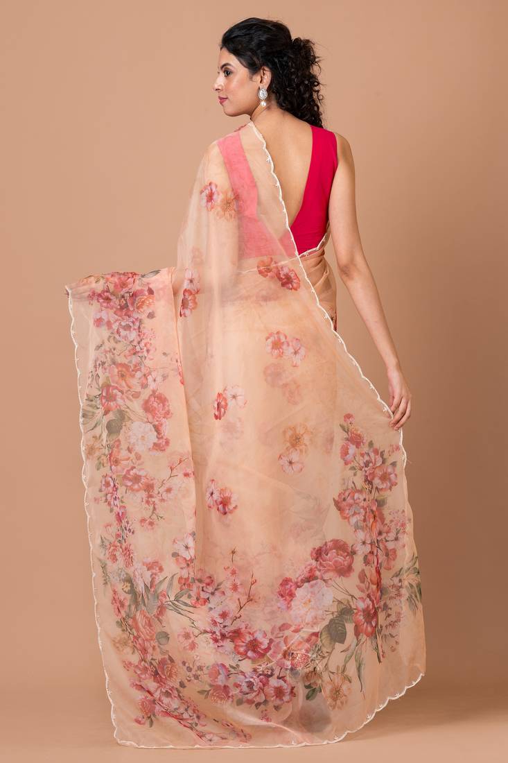 Indiloom Beige beadwork scalloping Organza Saree With Blouse Piece