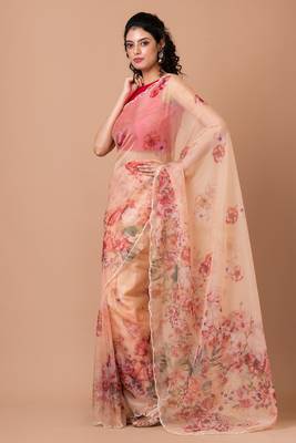 Indiloom Beige beadwork scalloping Organza Saree With Blouse Piece 3