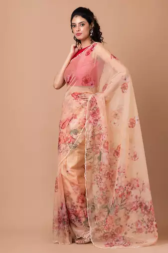 Indiloom Beige beadwork scalloping Organza Saree With Blouse Piece