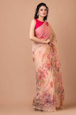 Indiloom Beige beadwork scalloping Organza Saree With Blouse Piece 4