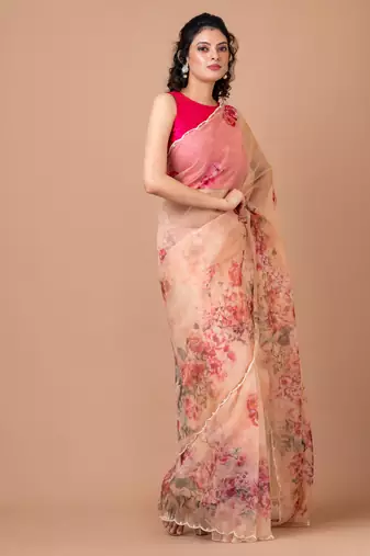 Indiloom Beige beadwork scalloping Organza Saree With Blouse Piece